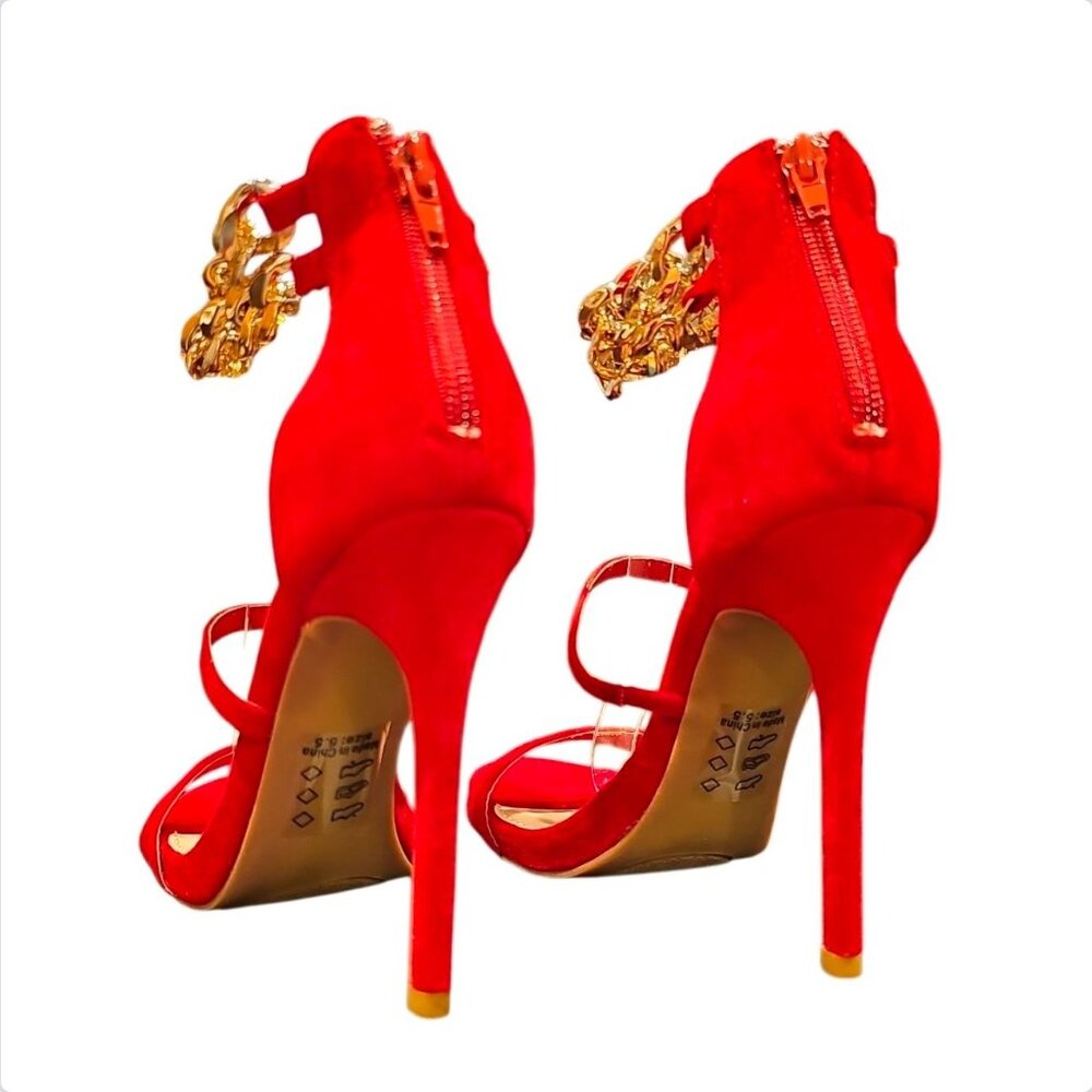 Red High Heel Sandals With Gold Chain Ankle Strap - Picture 10 of 10